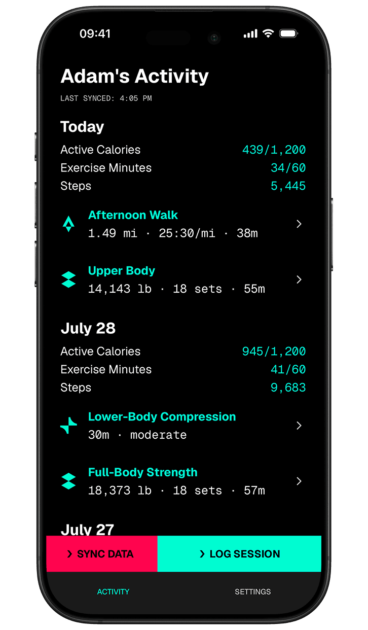 Commit Push on iPhone, showing daily activity, walks, strength workouts, and recovery in one log.